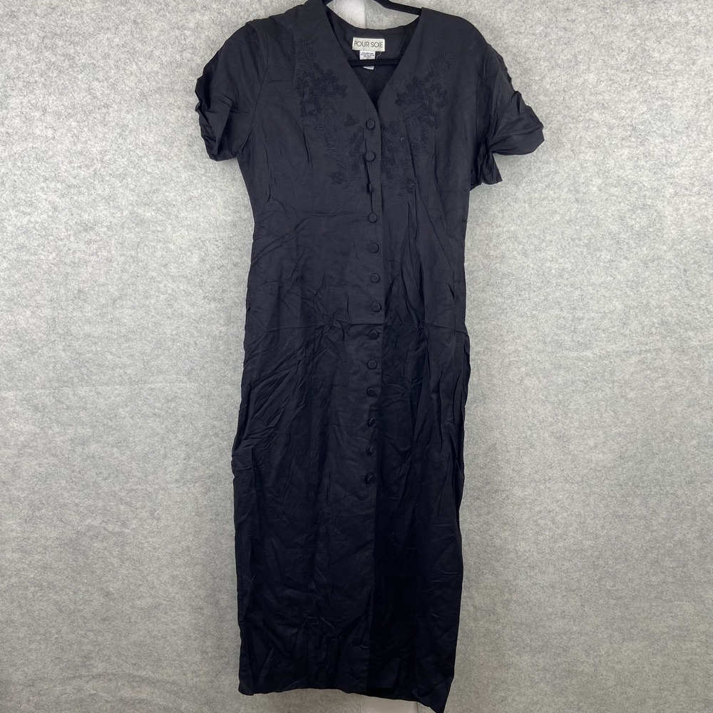 Pour Soie Dress Womens 12 Black Embroidered Linen Button Front Maxi Shirt Dress